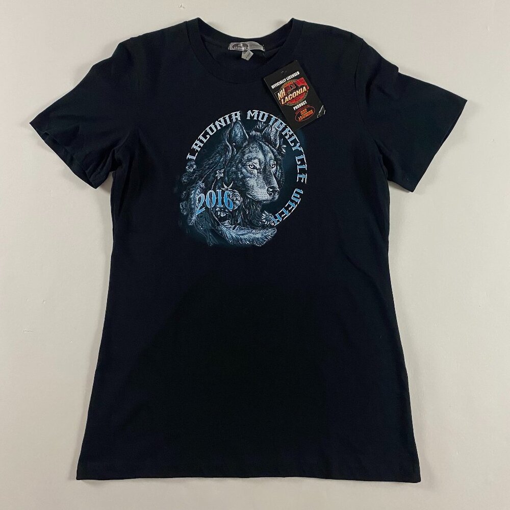 NWT 2016 Laconia Bike Week T Shirt Women's Large Motorcycle Wolf Biker Black